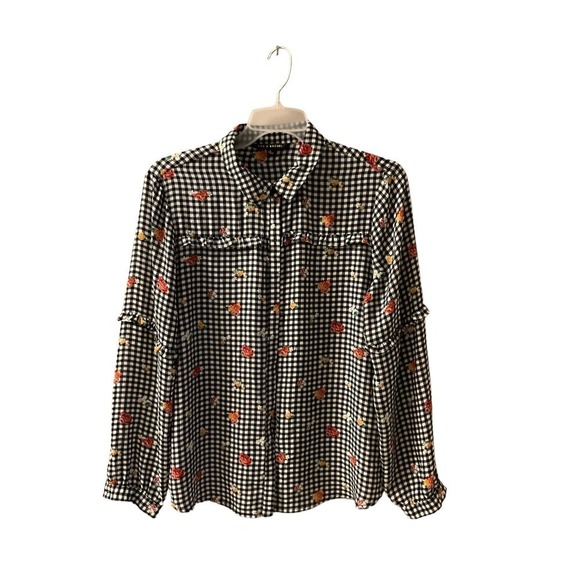 Zac & Rachel Button-Up Shirt Women's L Black/White Gingham Long Sleeve Polyester - Picture 1 of 7